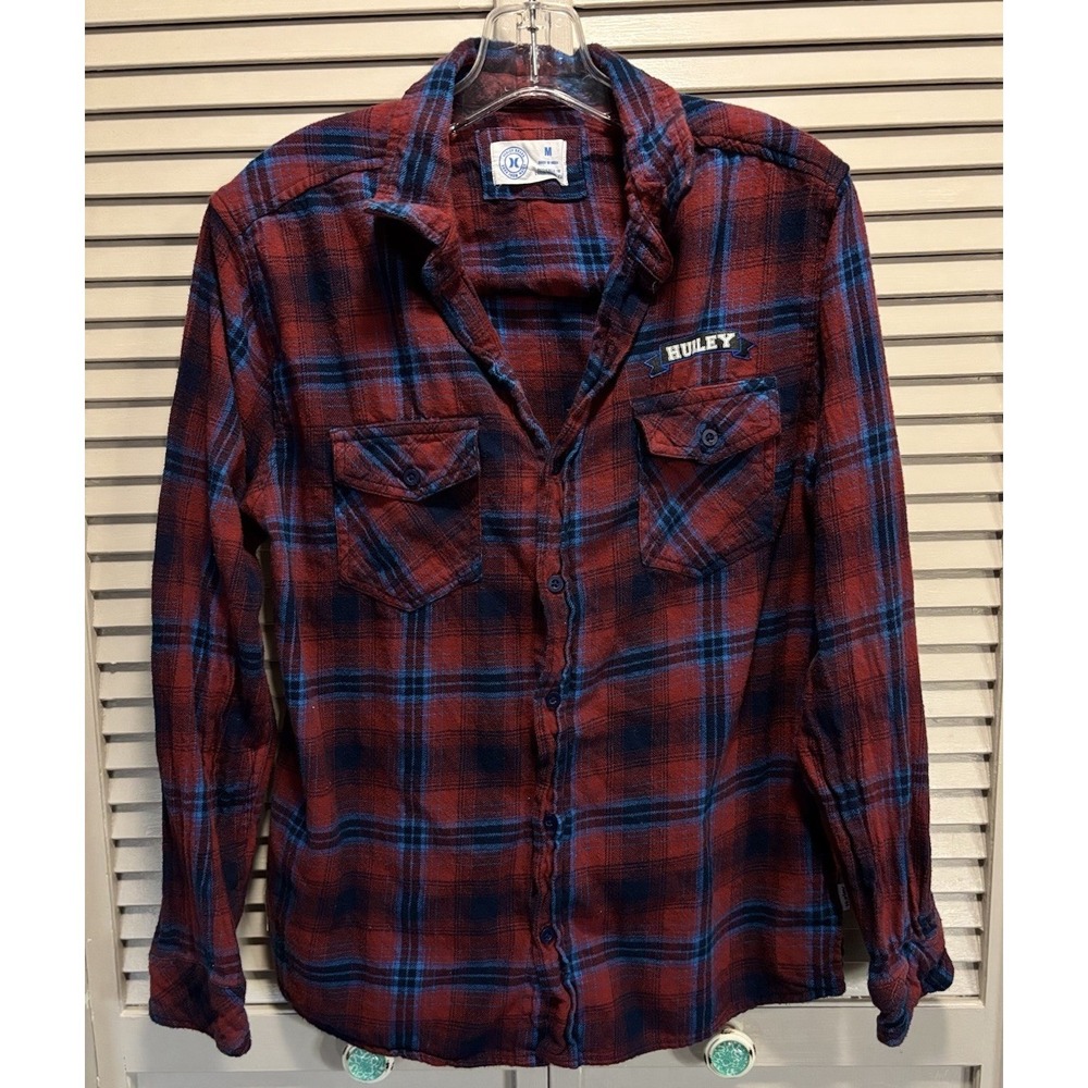 Hurley Mens Plaid Flannel Shirt Button Up Long Sleeve M‎ Logo Pockets Blue/Red